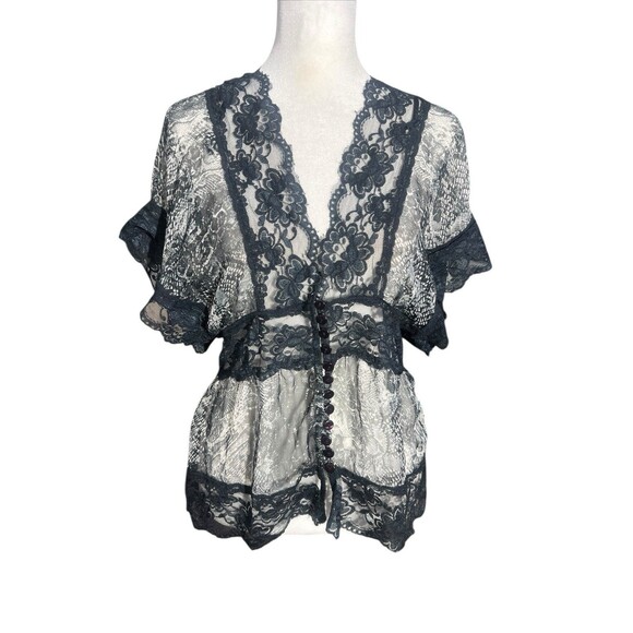 Vintage Y2K Passports Sheer Mesh Top Floral Lace Black Women's Sz L Whimsigoth - Picture 5 of 10